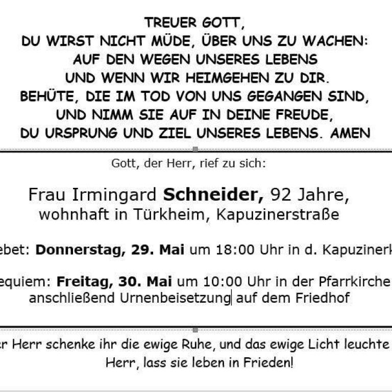 Aushang Irmgengard Schneider