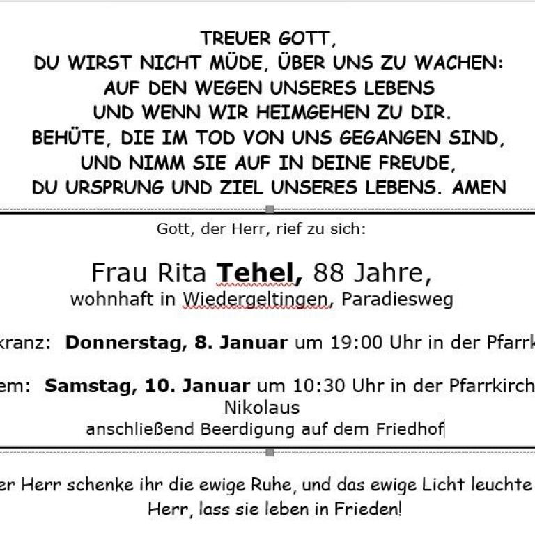 Aushang Rita Tehel 10.01.