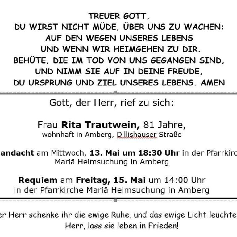 Aushang Rita Trautwein, Amberg