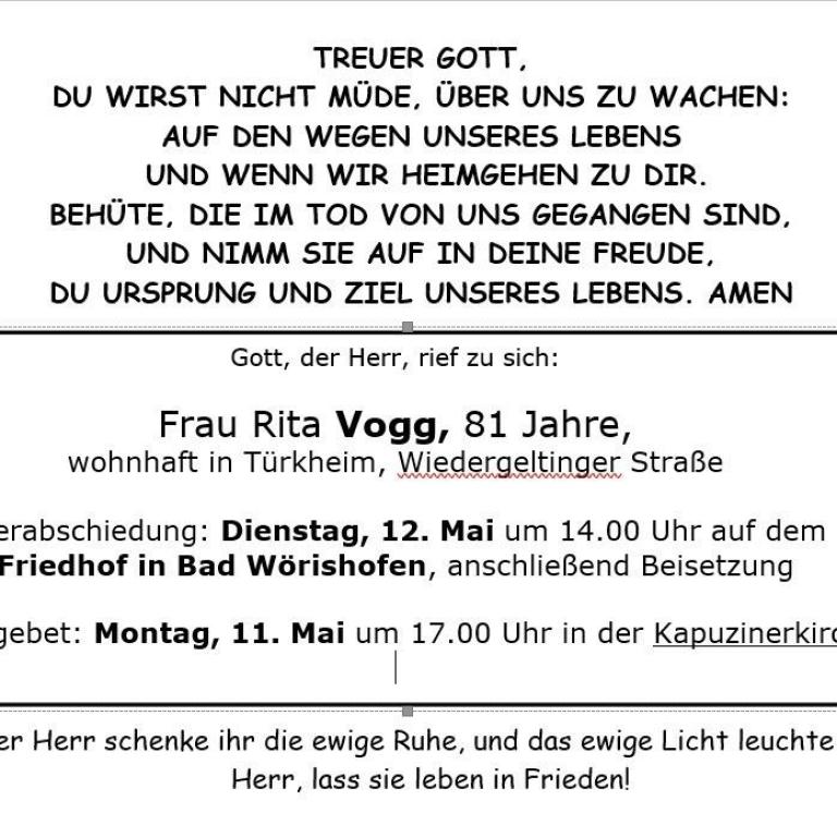 Aushang Rita Vogg